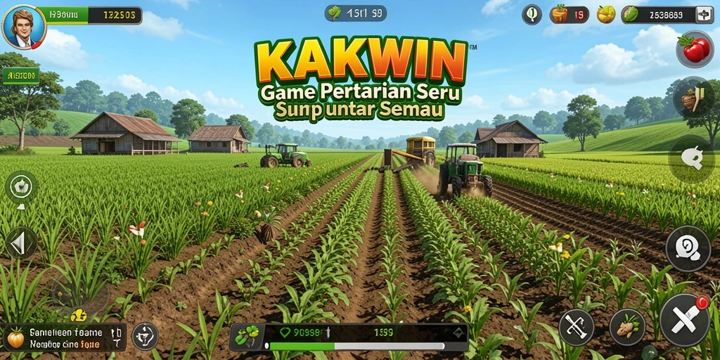 Screenshot gameplay KAKWIN menampilkan lahan pertanian yang subur dan penuh warna.